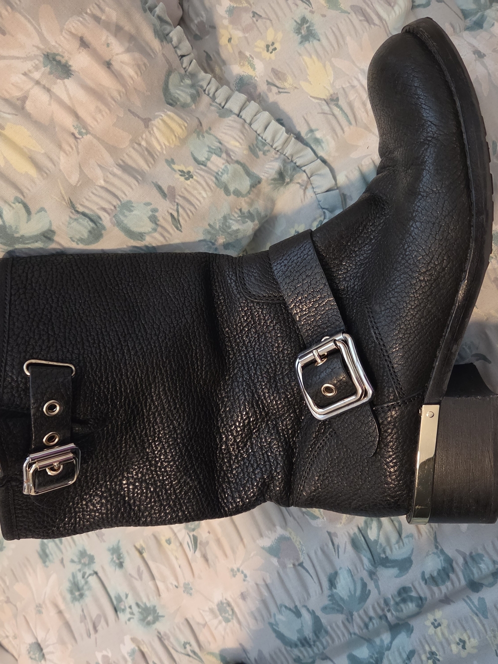Vince Camuto Black Leather Combat Boots with Silver Buckles - Picture 2 of 4
